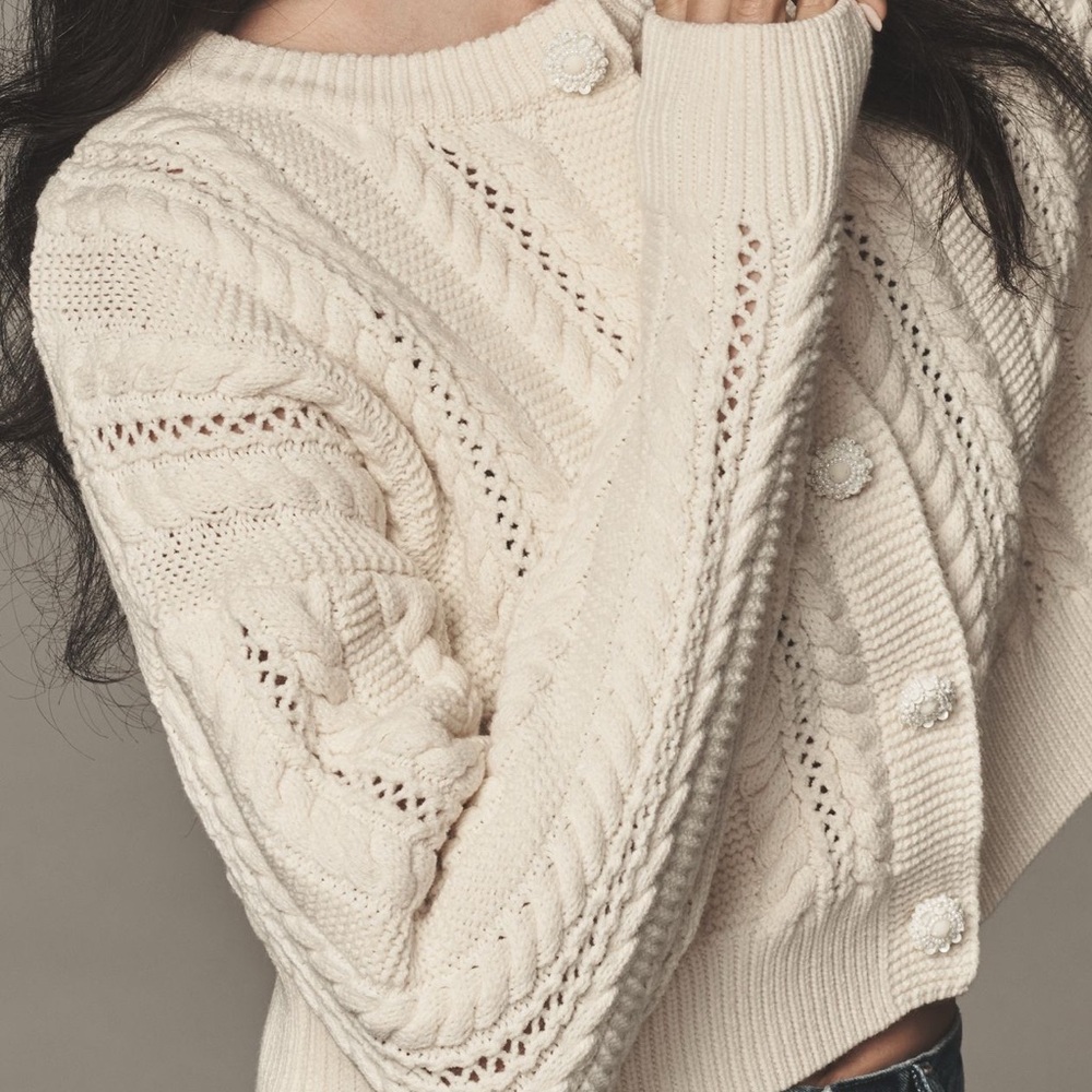 NWT Anthropologie Endless Rose Cable Knit Cardigan Sweater. Cream Size XS